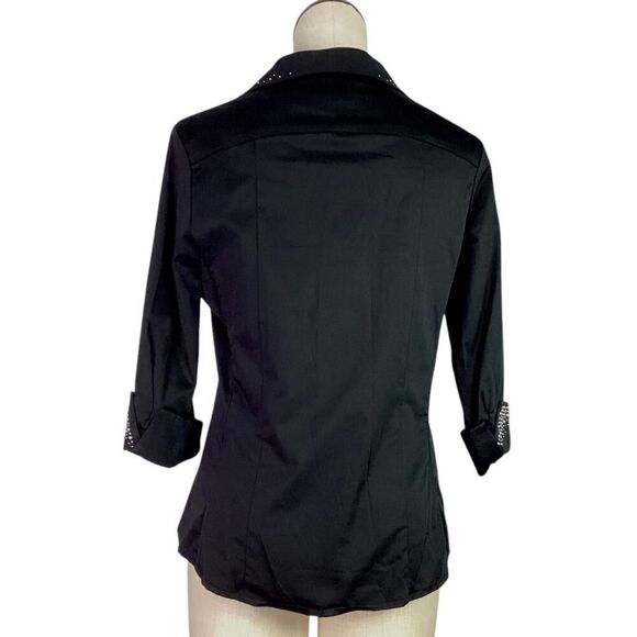 Christine Alexander Top Women M Black Stretch Rhinestone 3/4 Sleeve Button Shirt - Picture 5 of 7